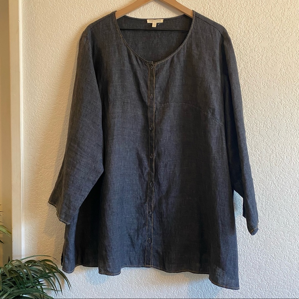 Eileen Fisher Linen Blue Button Up Tunic Long Sleeves 3X Yellow Trim